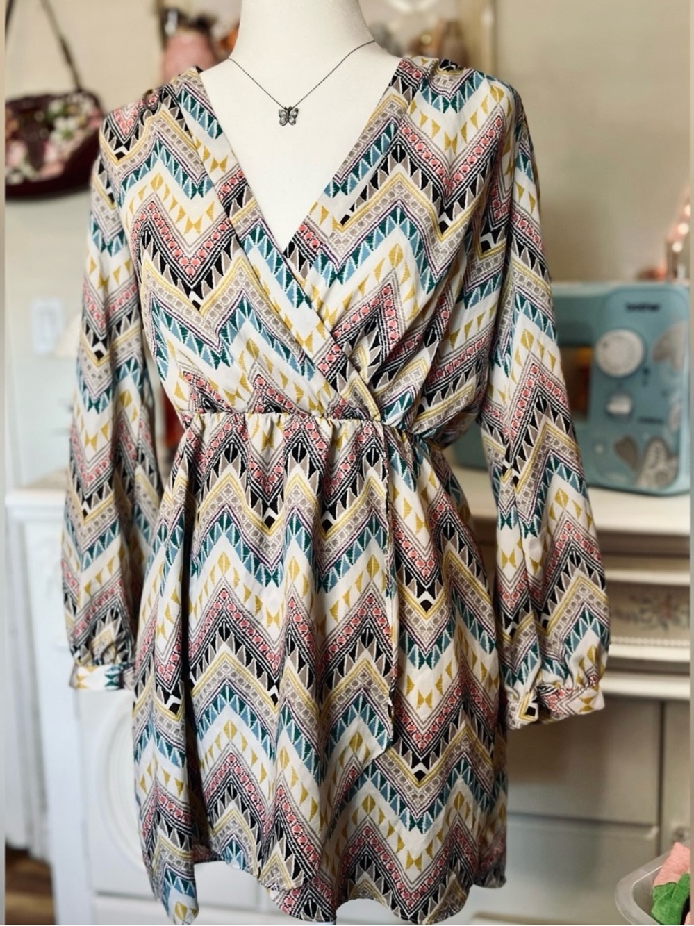 Honey Punch Multi-Color Chevron Wrap Mini Dress